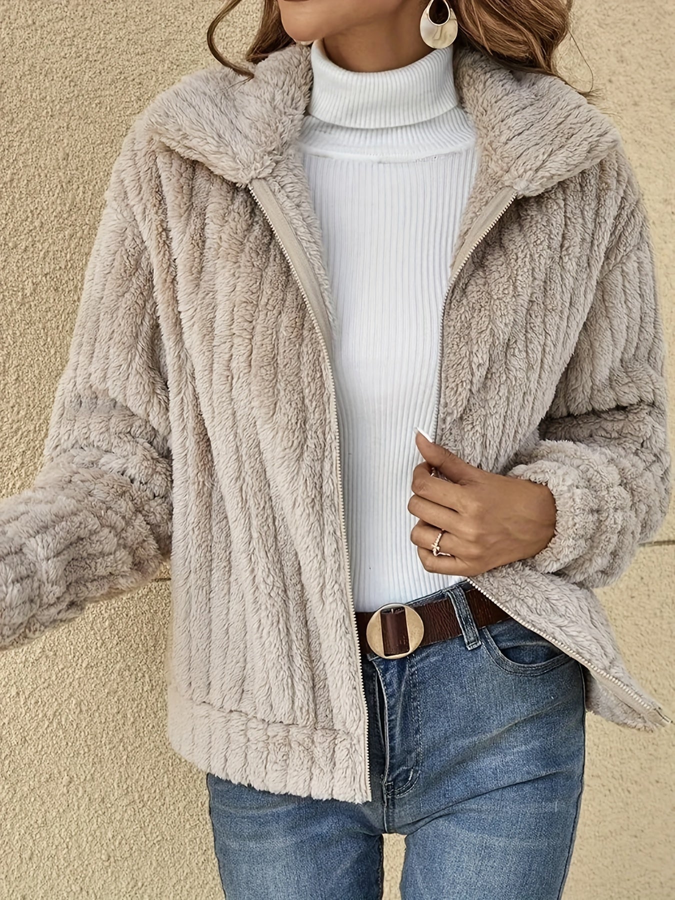 Zip Front Plush Coat Long Sleeve for Fall & Winter