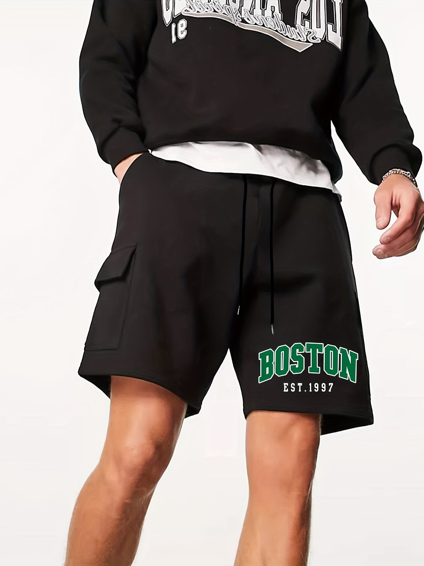 Boston Letter Print Men's Cargo Shorts Lightweight Drawstring Work Pants