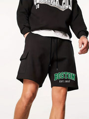 Boston Letter Print Men's Cargo Shorts Lightweight Drawstring Work Pants