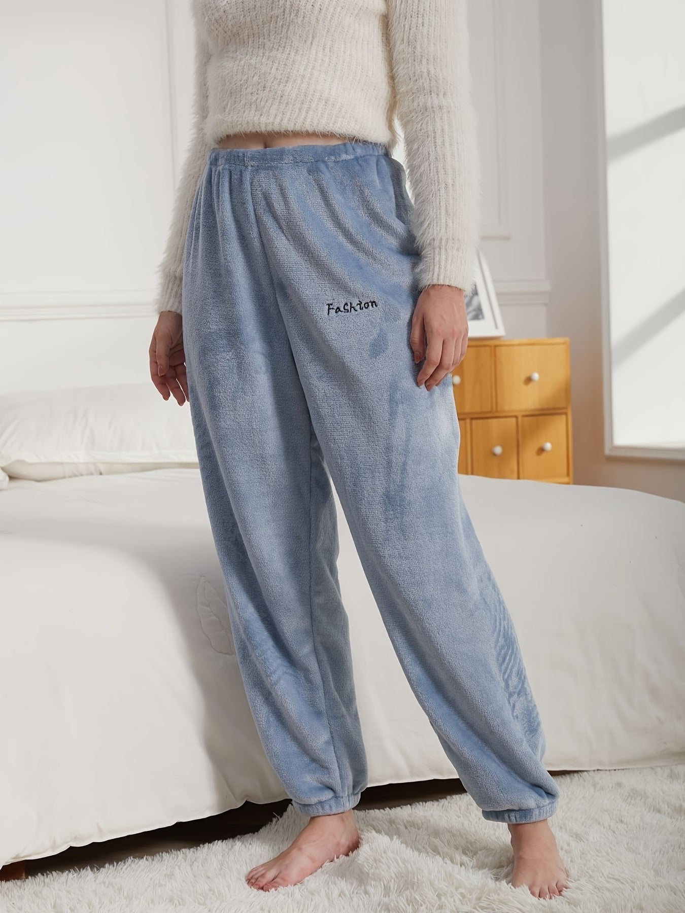 Letter Embroidery Lounge Pants Warm & Soft Fuzzy Elastic Waistband