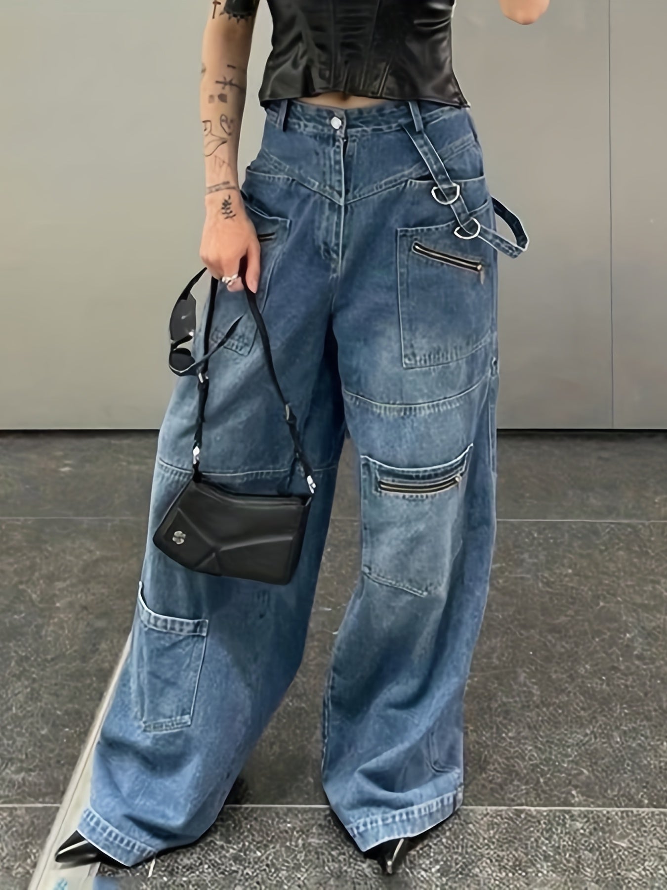Baggy Wide Leg Jeans Zipper Pocket Denim Pants