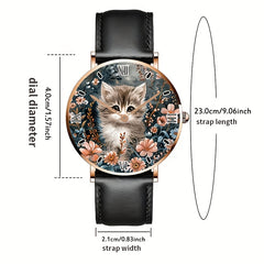 Calico Cat Analog Watch Unisex Minimalist Floral Faux Leather Strap Quartz