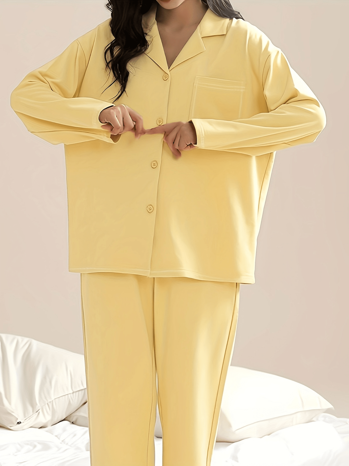 Women's Solid Pajama Set Long Sleeve Top & Pants