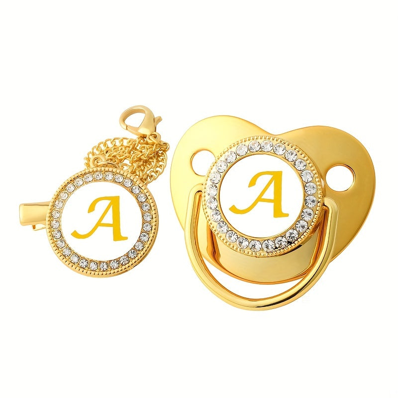 Golden 26 Letter Baby Pacifier With Rhinestone
