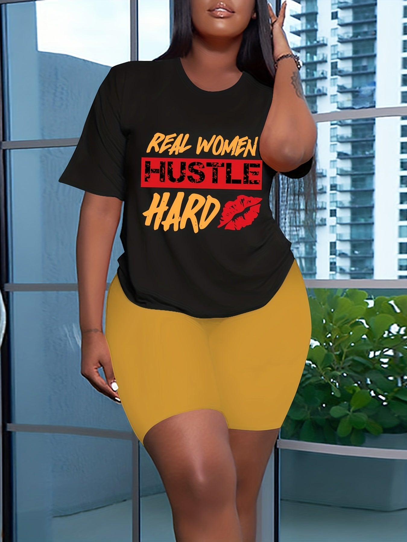 Women's Plus Letter & Kiss Print Top & Shorts Set