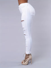 High Strech Distressed Jeans Solid Slim Fit Denim Pants Women's Jeans