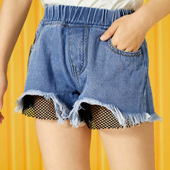Girls Mesh Patchwork Denim Shorts Set Kids Summer Clothes