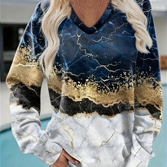 Marble Print V Neck Sweatshirt Long Sleeve Women's Clothing