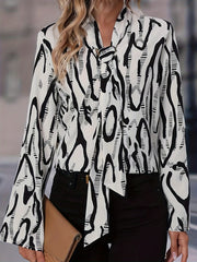 Abstract Stripe Print Long Sleeve Tie Neck Blouse