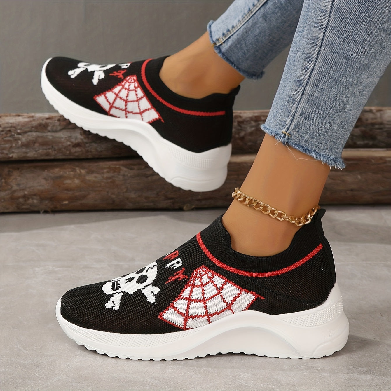 Women's Skull Pattern Sock Shoes Halloween Low Top Sneakers
