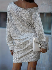 Glitter Sequin One Shoulder Long Sleeve Party Formal Dress
