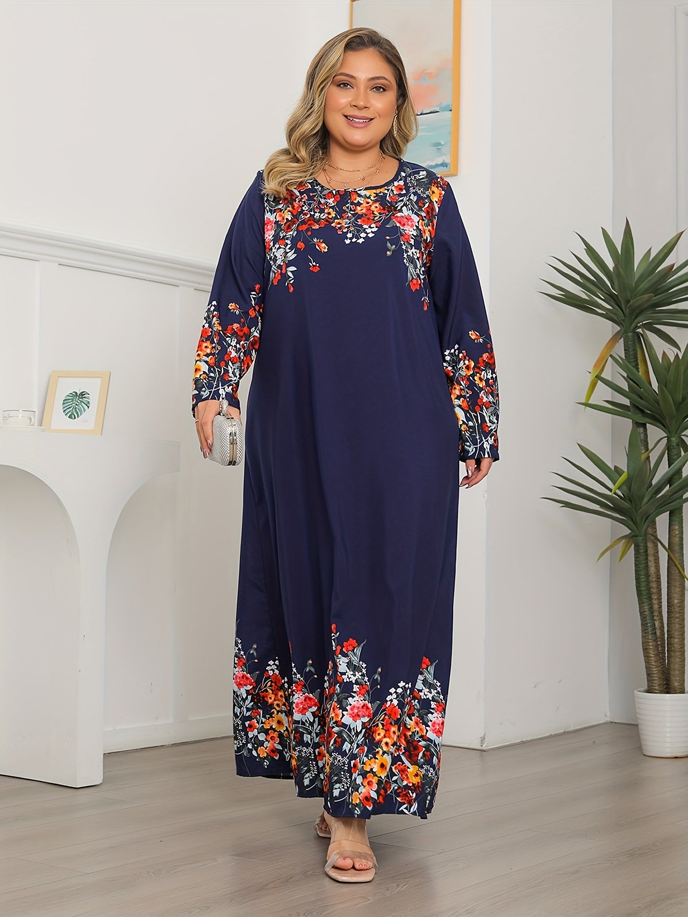 Romantic Abaya Dress Women's Plus Floral Print Long Sleeve