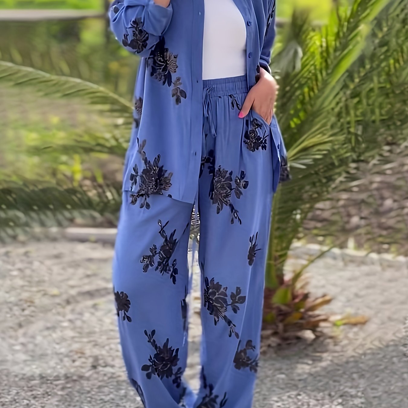 Women's Floral Print Blouse & Wide Leg Pants Set