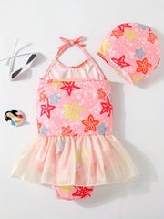 Toddler Girls Flowers Graphic Halter One Piece Swimsuit & Cap