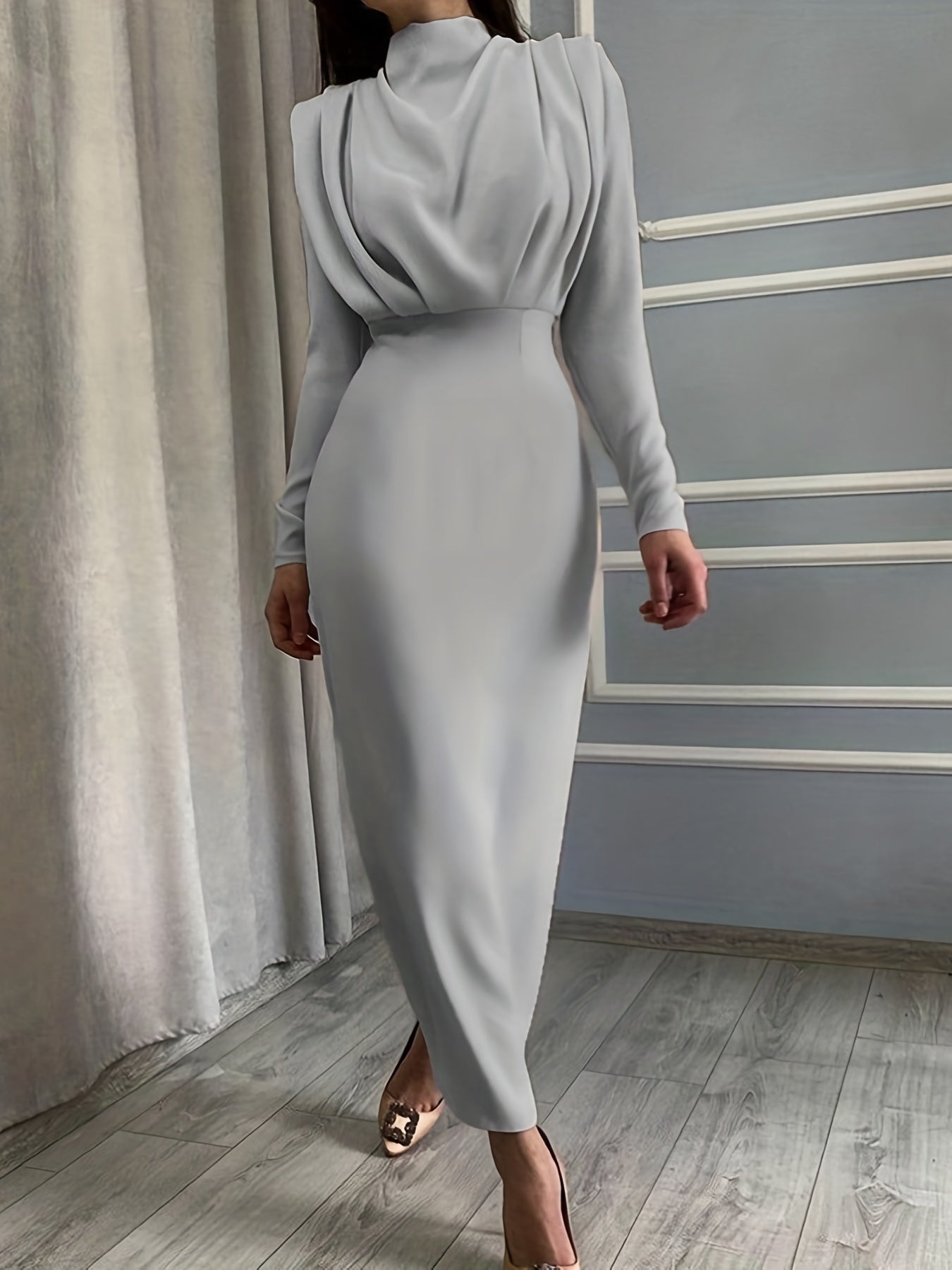 Ruched Long Sleeve Slim Waist Dress Women's Clothing