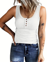 Button Front Crew Neck Tank Top Sleeveless Casual Summer Women's Top