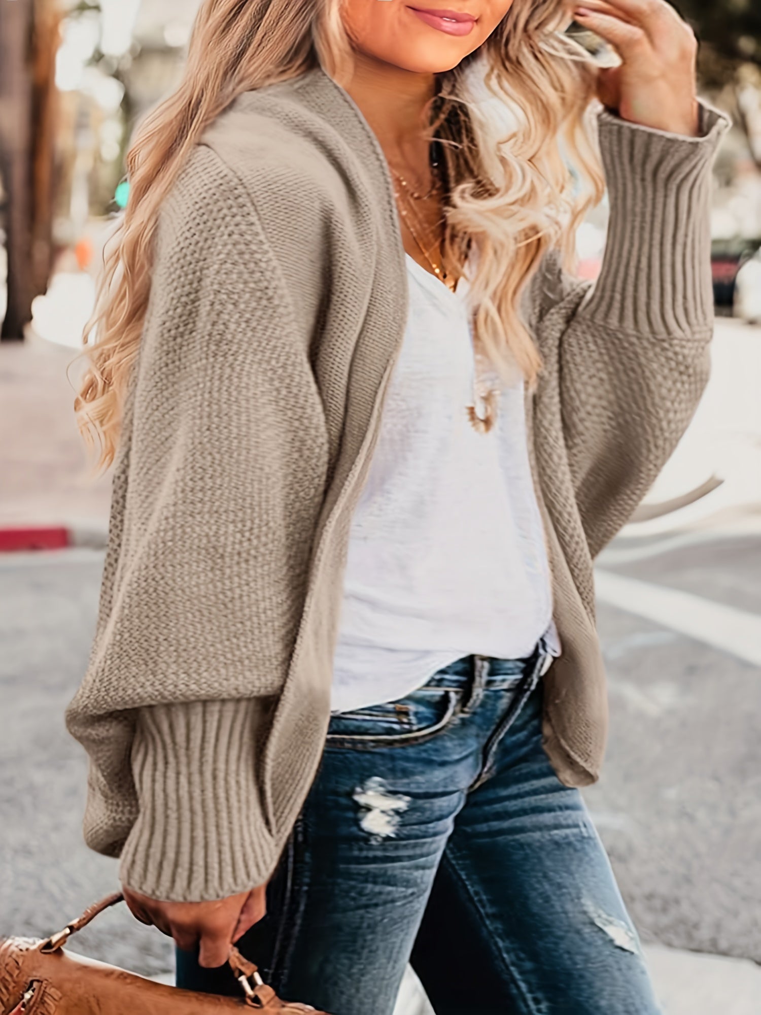 Solid Ribbed Batwing Sleeve Open Front Kimono Cardigan