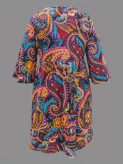 Boho Dress Women's Plus Paisley Floral Print Three Quarter Sleeve