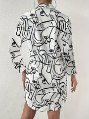 Abstract Face Print Long Sleeve Button Up Tunic Shirt