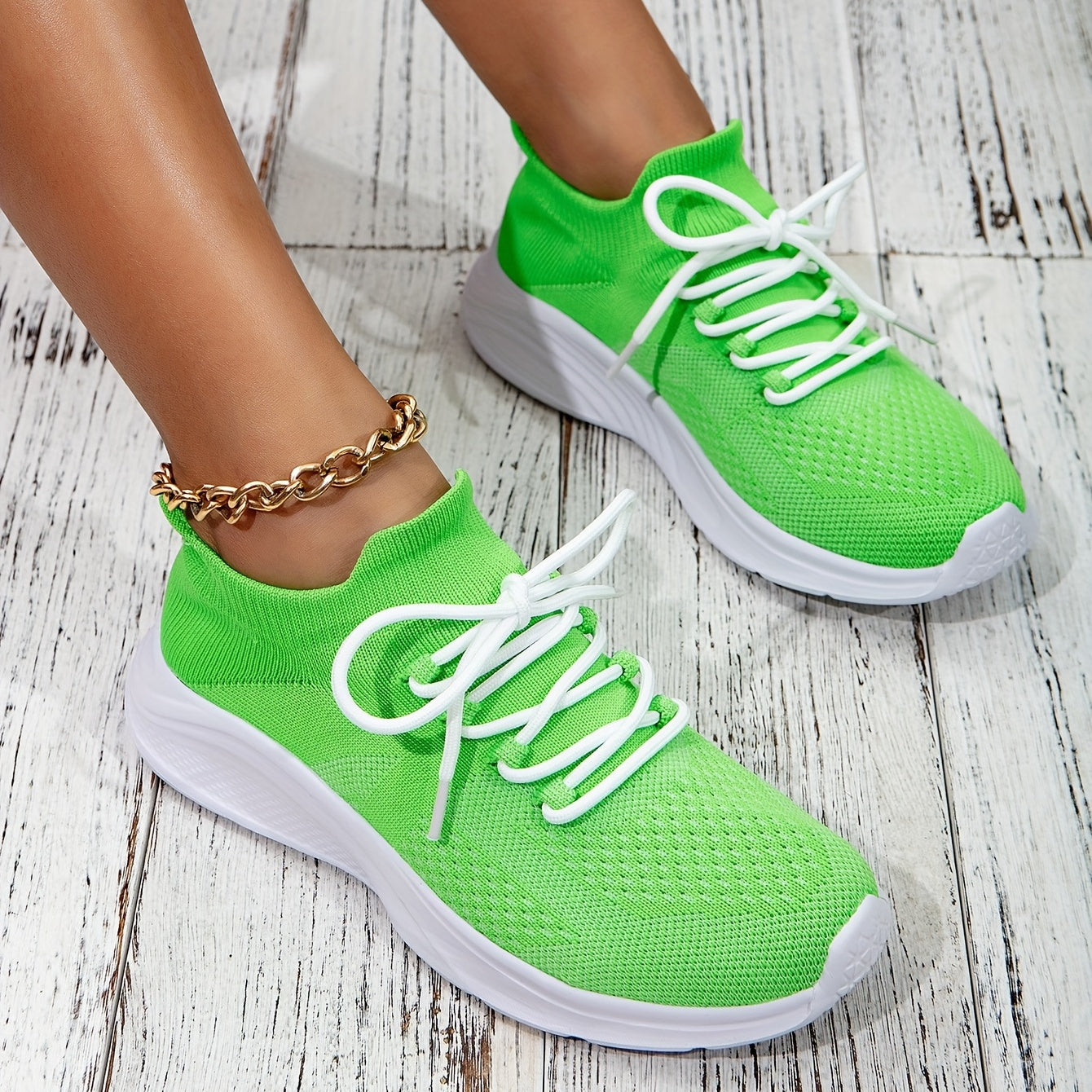 Women's Lace Up Knit Sneakers Green Lightweight Running Shoes