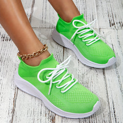 Women's Lace Up Knit Sneakers Green Lightweight Running Shoes