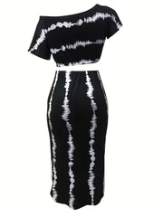 Striped Print Two piece Set Ruched Bag Hip Skirts Outfits
