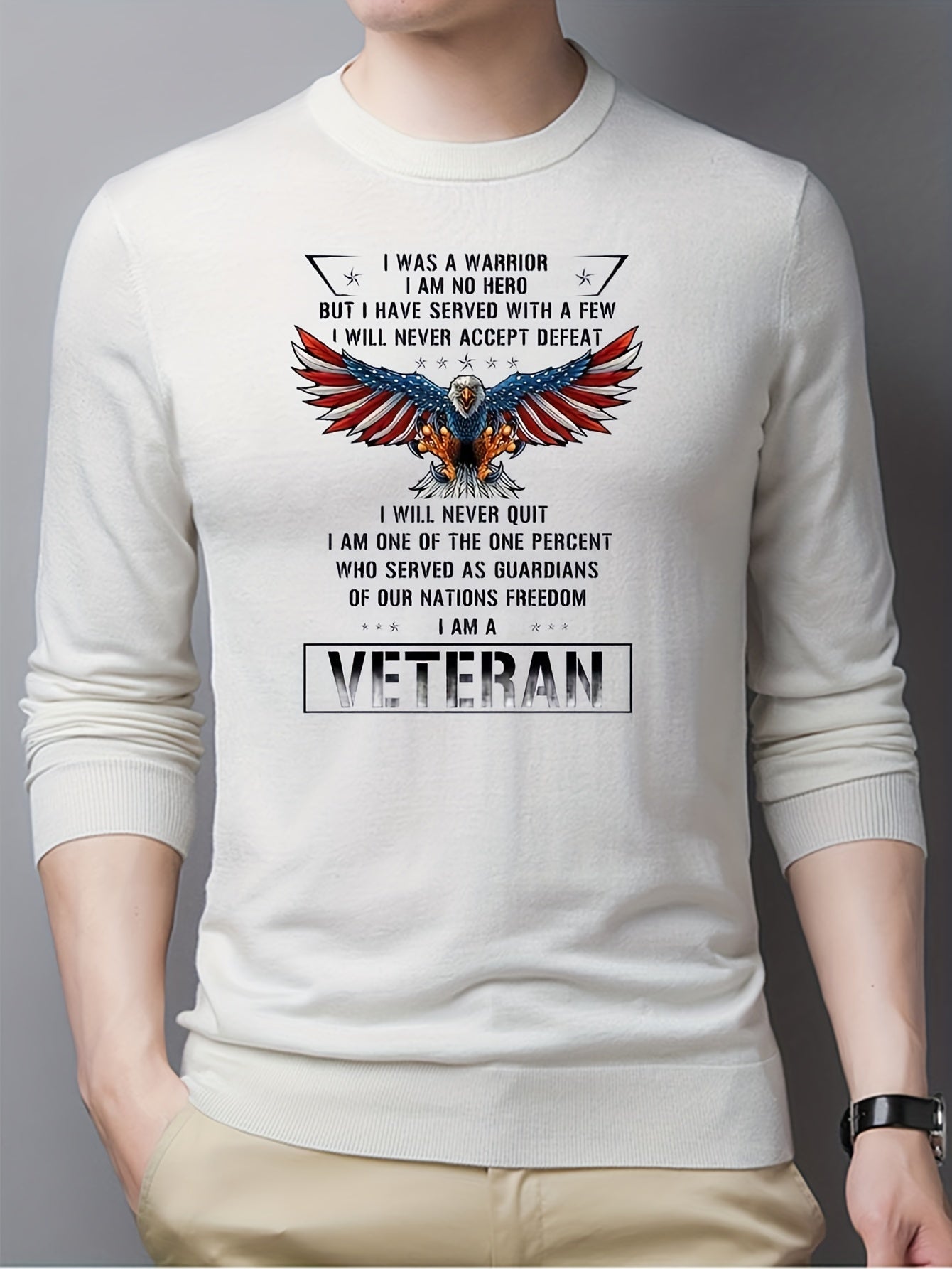 VETERAN & Eagle Pattern Sweater Men's Casual Warm Pullover For Fall Winter
