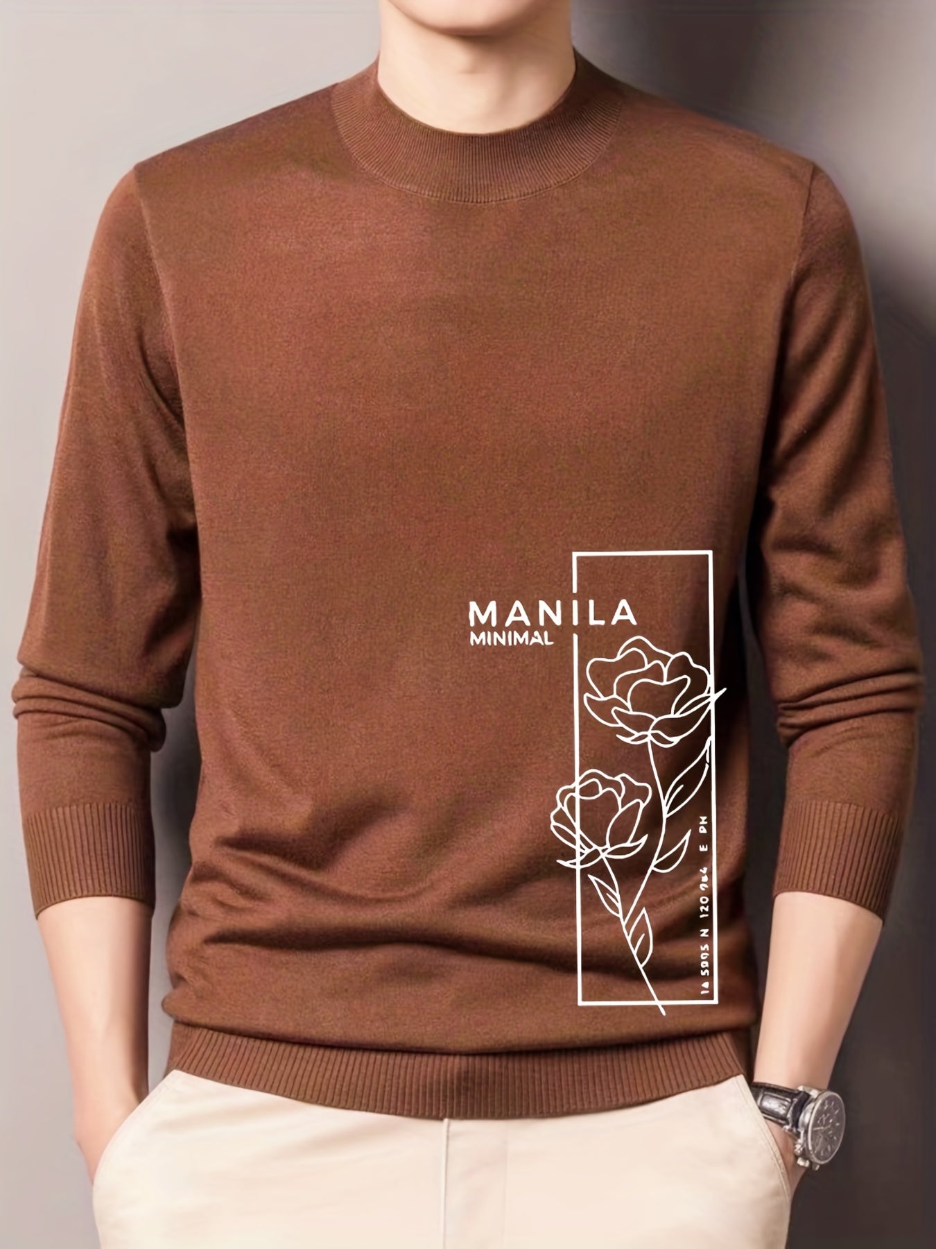 Rose Print Knitted Sweater Men's Crew Neck Pullover For Fall Winter