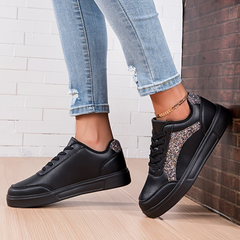 Glitter Faux Leather Skate Shoes Sequin Decor Non Slip Flat Sneakers