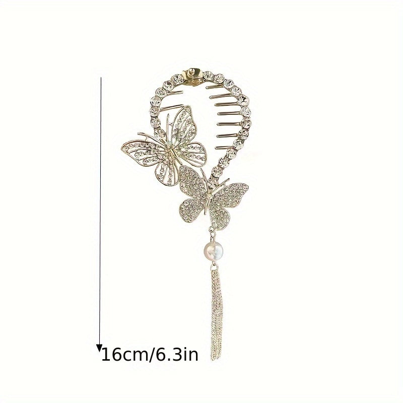 Golden Butterfly Tassel Hair Clip Rhinestones Bun Buckle Women Girls Party Decor
