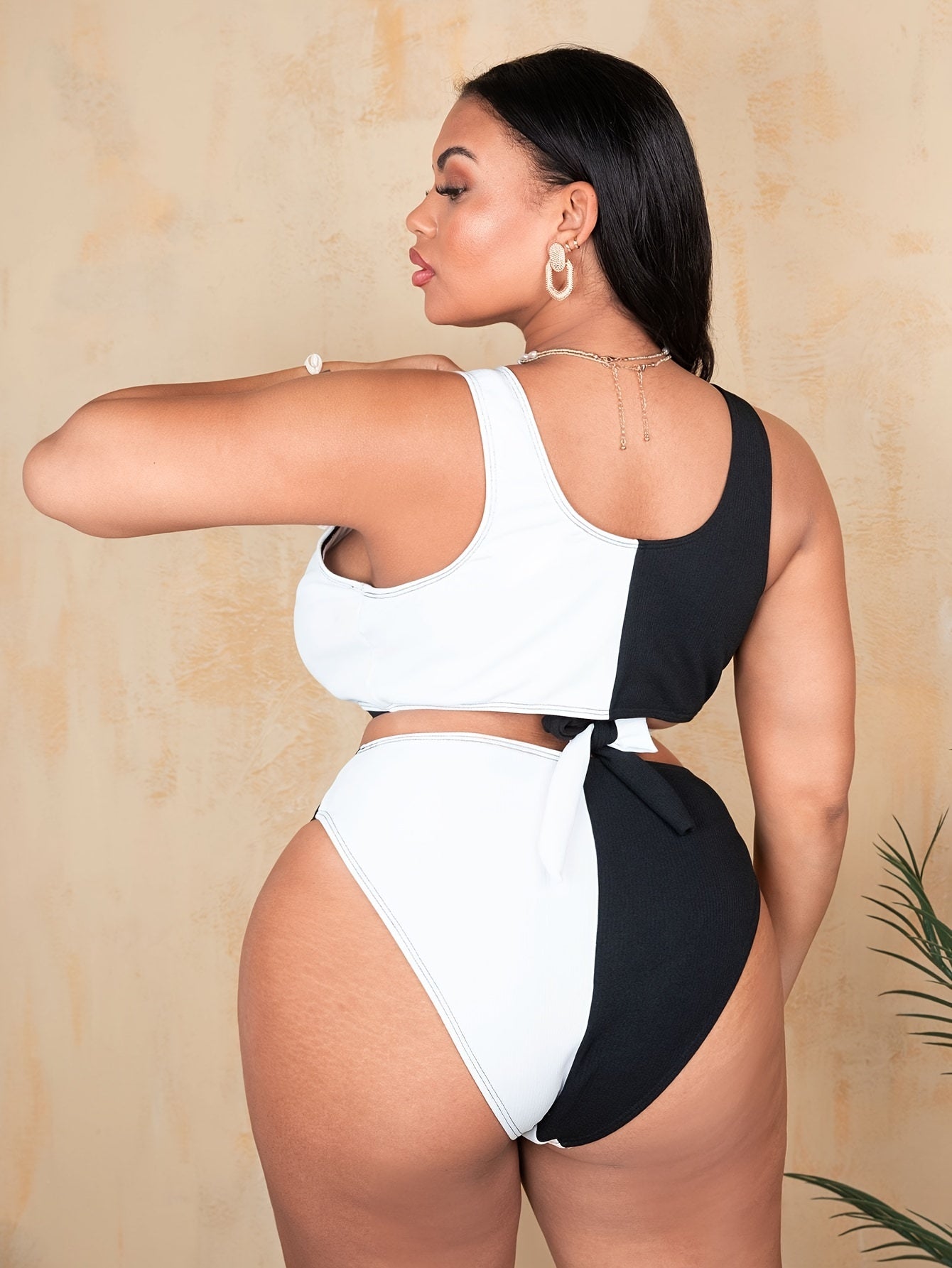 Colorblock Cross Tie Back Tank Bra & Panty Swimsuit Set