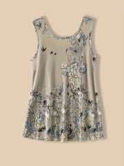 Vintage Floral Print Tank Top Crew Neck Sleeveless Summer Top