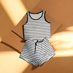 Striped Print Pajama Set Tank Top & Shorts Women's Sleepwear