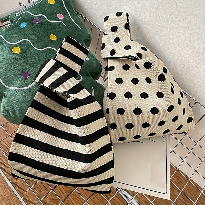 Polka Dot Knitted Shoulder Bag Lightweight Portable Foldable Handbag