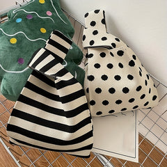 Polka Dot Knitted Shoulder Bag Lightweight Portable Foldable Handbag