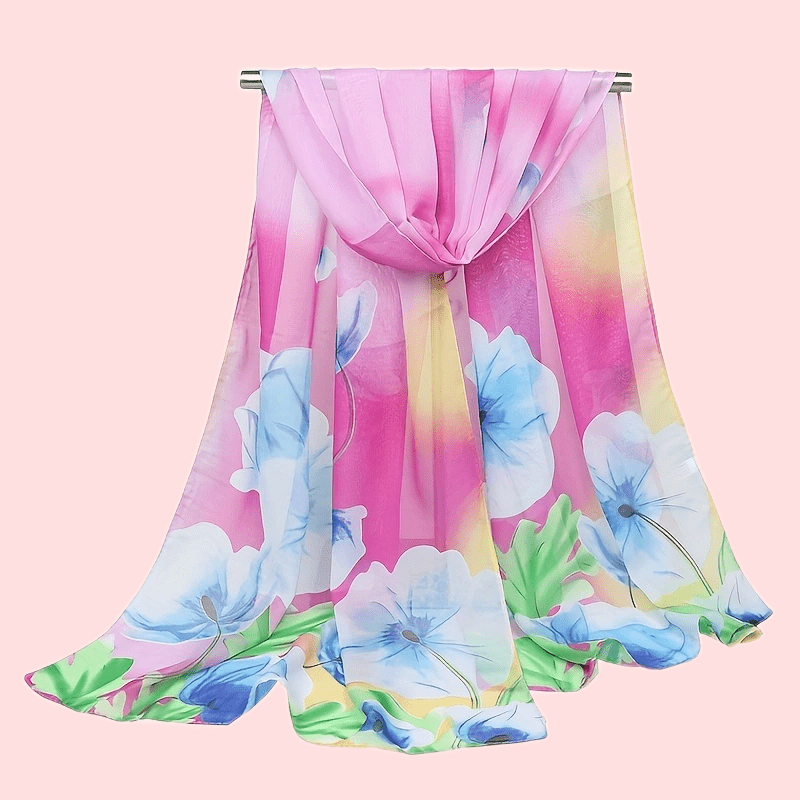 Chiffon Large Flower Print Scarf Colorful Thin Shawl Women