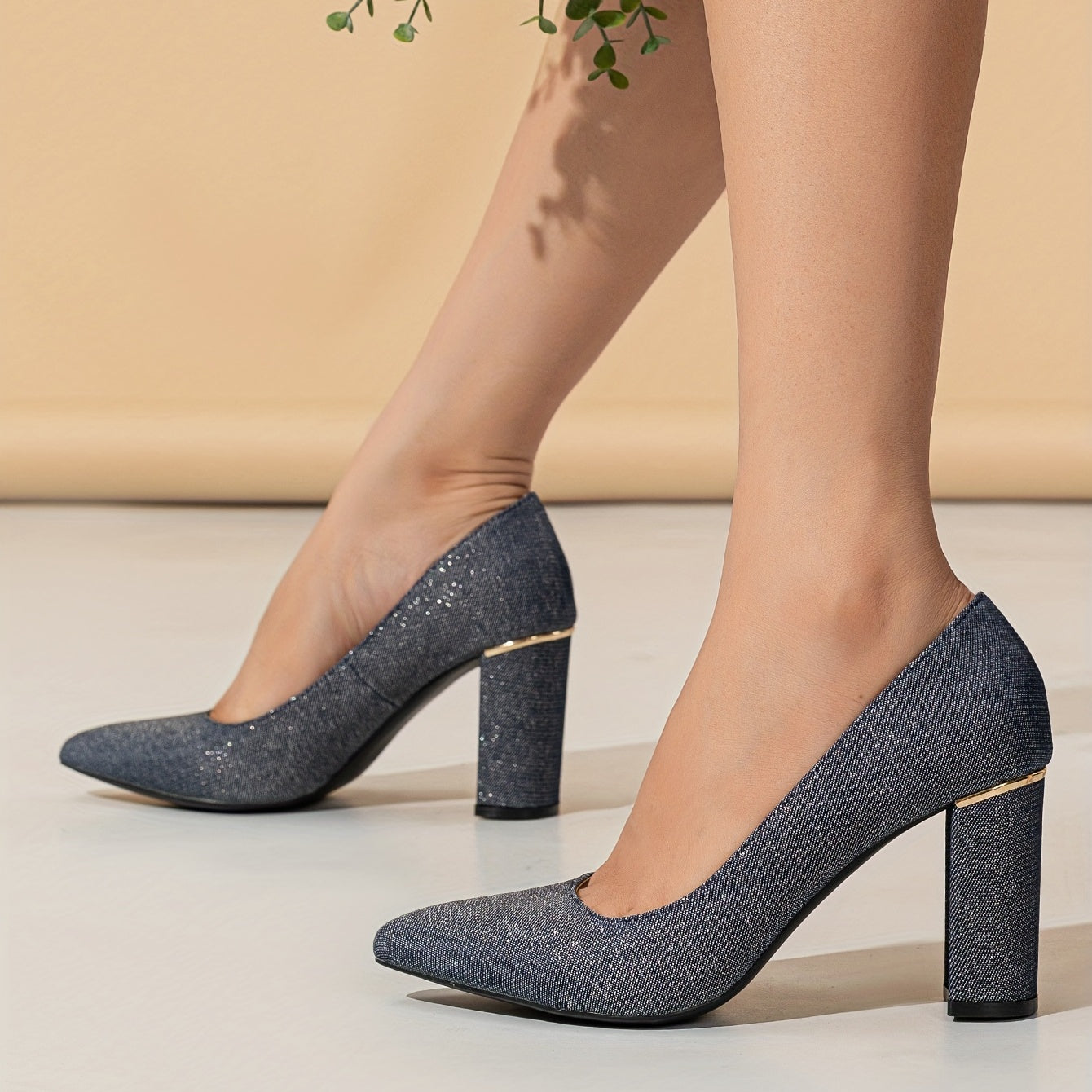 Metallic Block Heels Point Toe Dress Pumps Slip On Heels