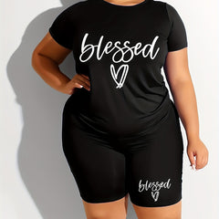 Women's Plus Heart & Letter Print Stretchy Tee & Shorts Set