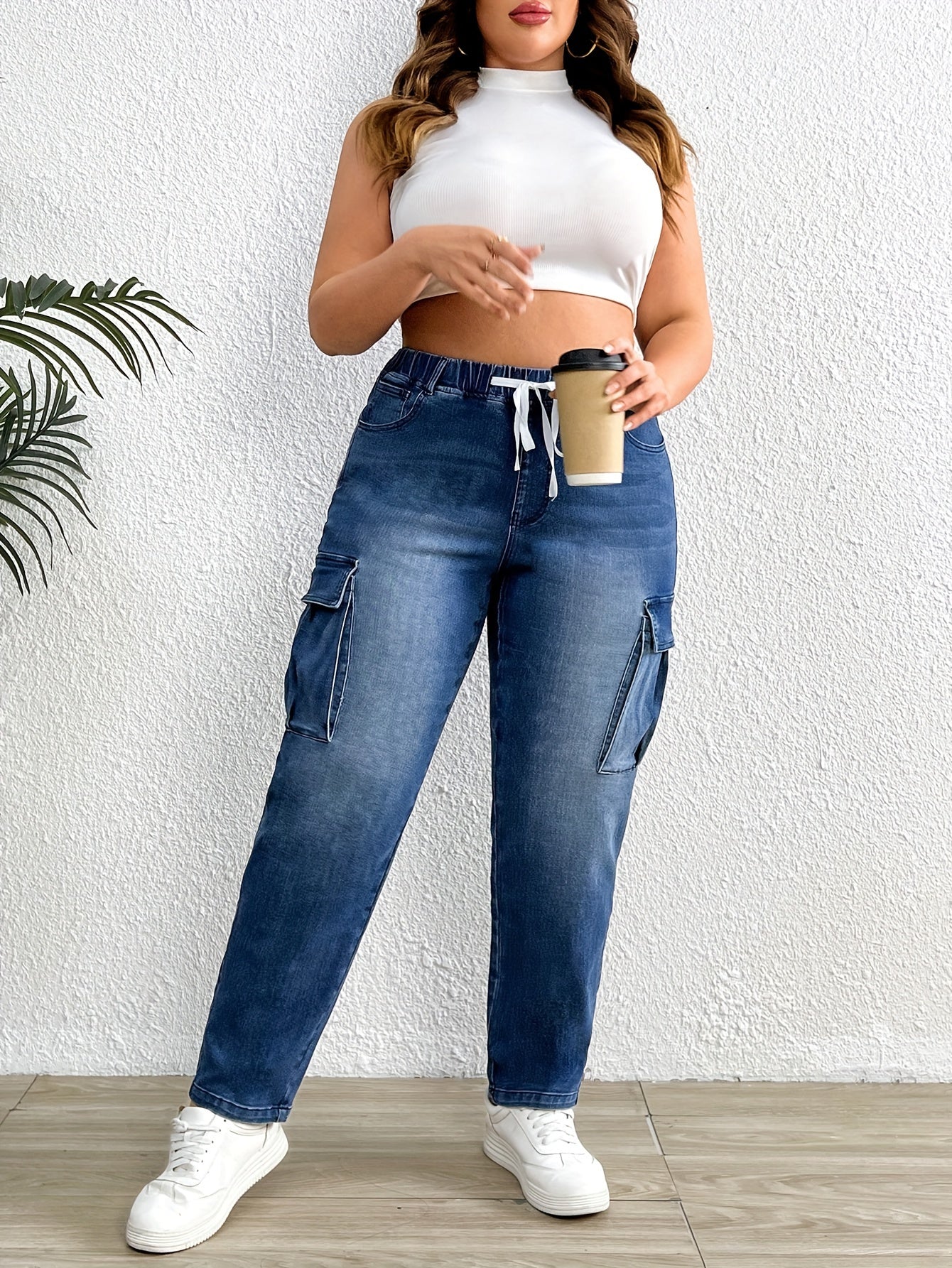 High Stretch Cargo Jeans Elastic Waist Plus Drawstring Retro