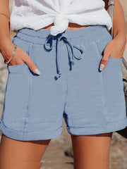 Women's Plus Solid Mid Waist Drawstring Comfy Shorts With Pockets