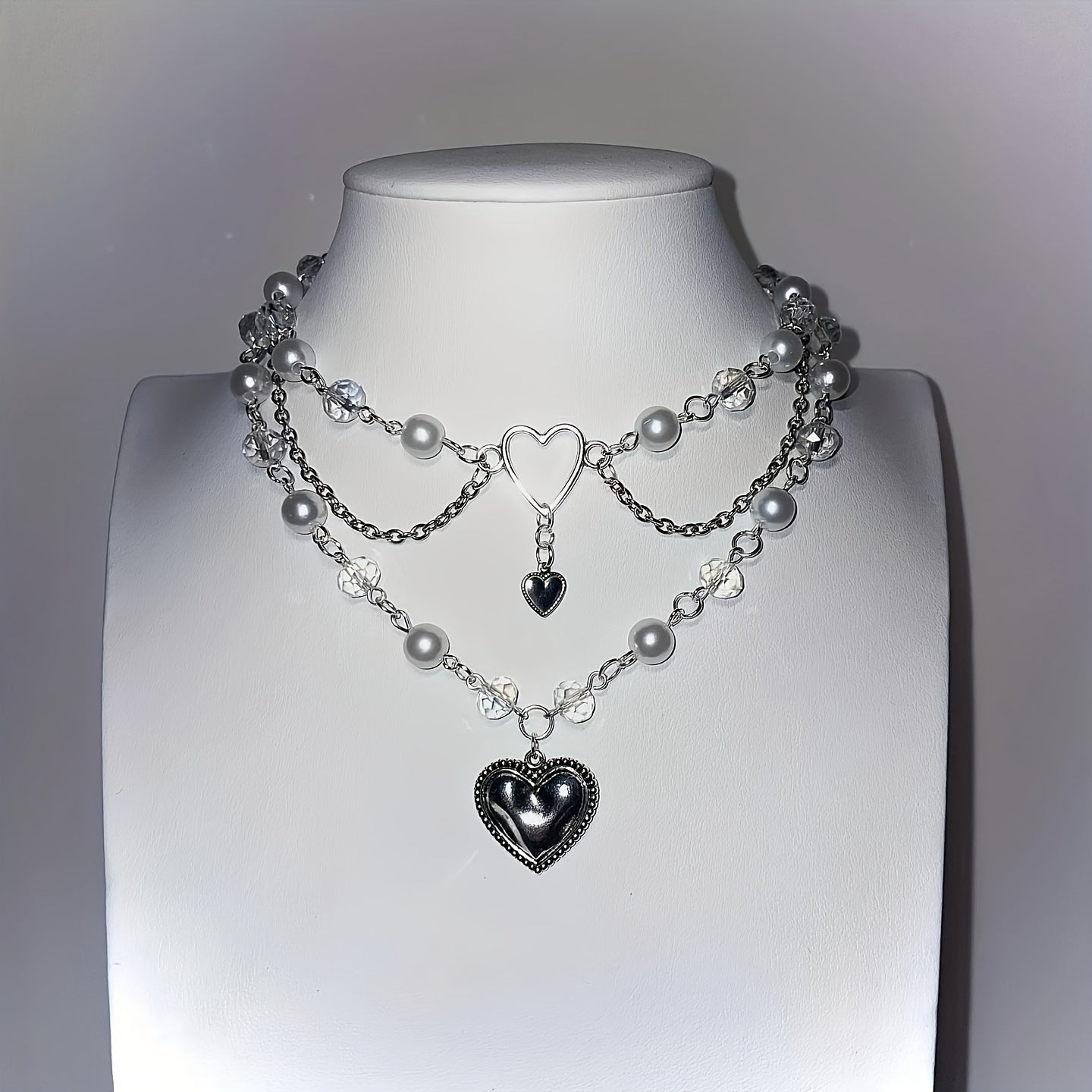 Silver Heart Beaded Choker Necklace Y2K Jewelry