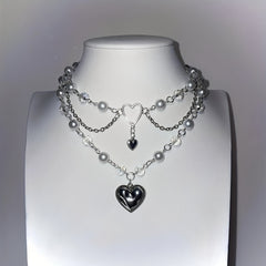 Silver Heart Beaded Choker Necklace Y2K Jewelry