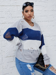 Casual Sweater Women's Plus Colorblock Ripped Drop Shoulder Sweater