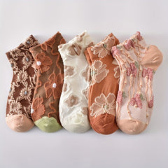 5 Pairs 3D Floral Textured Socks Retro Style Short Women's Stockings