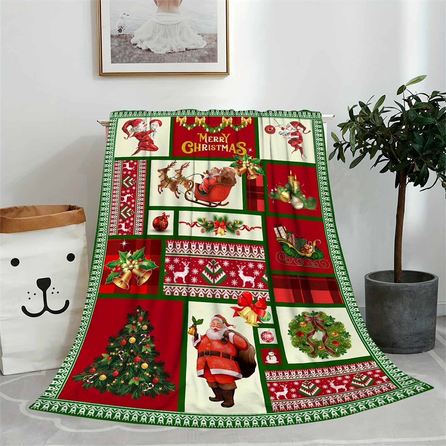 Christmas Bell Elk Plaid Blanket Winter Warm Flannel Blanket