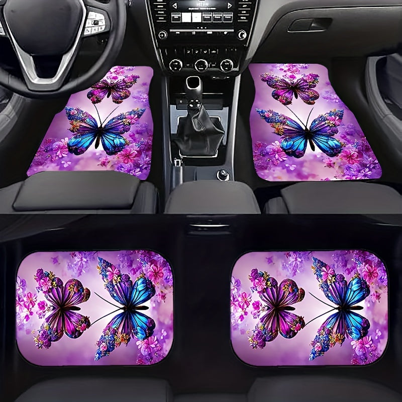 4pcs Purple Butterfly Car Floor Mats Absorbent Non-slip Stain Resistant