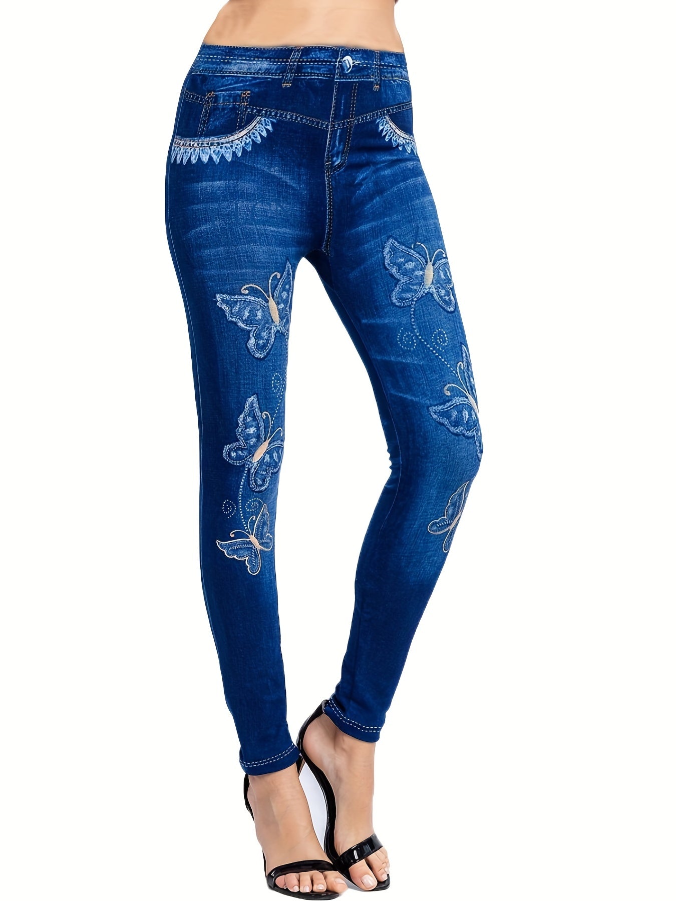 Denim & Butterfly Print Leggings Casual Stretchy Leggings