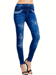 Denim & Butterfly Print Leggings Casual Stretchy Leggings