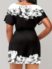 Floral Print One Shoulder Plus Size Romper With Pockets