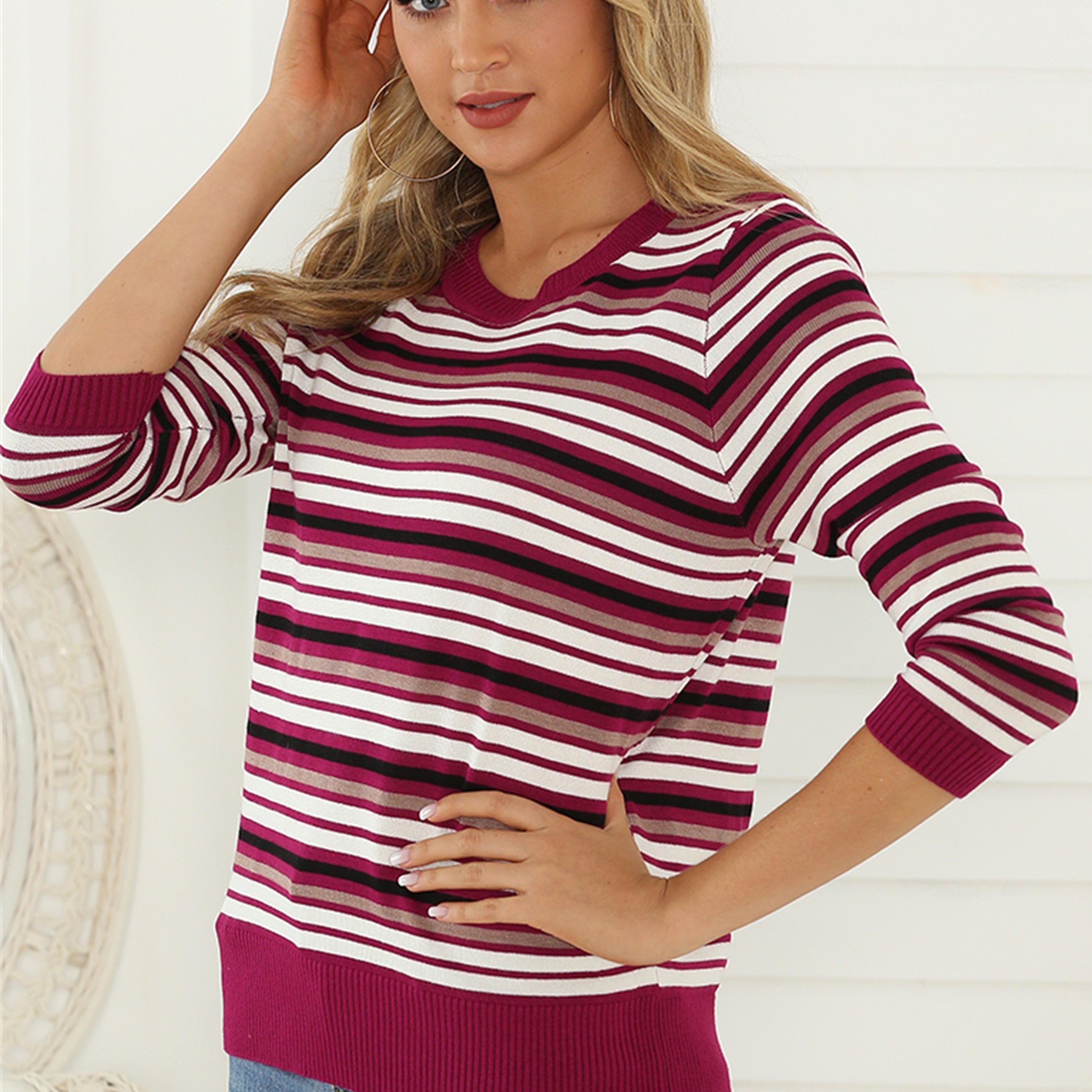 Striped Crew Neck Sweater Casual Loose Knit Sweater